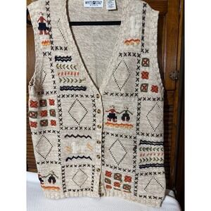 Vintage White Stag knit cardigan sweater vest. Cottagecore boho. XL 18-20